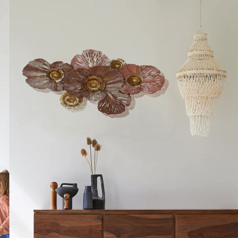 45 Inch Hanging Wall Art Decor, 3D Multiple Flowers, Metal, Brown, Gold - Benzara