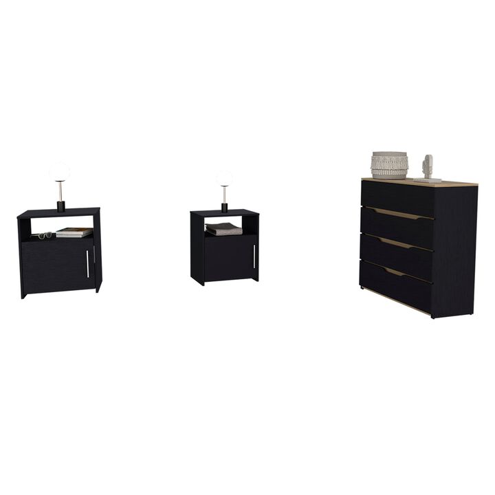 DEPOT E-SHOP Myra 3 Piece Bedroom Set, Aralia Drawer Dresser, 2 Omaha Nightstands, Black / Light Oak