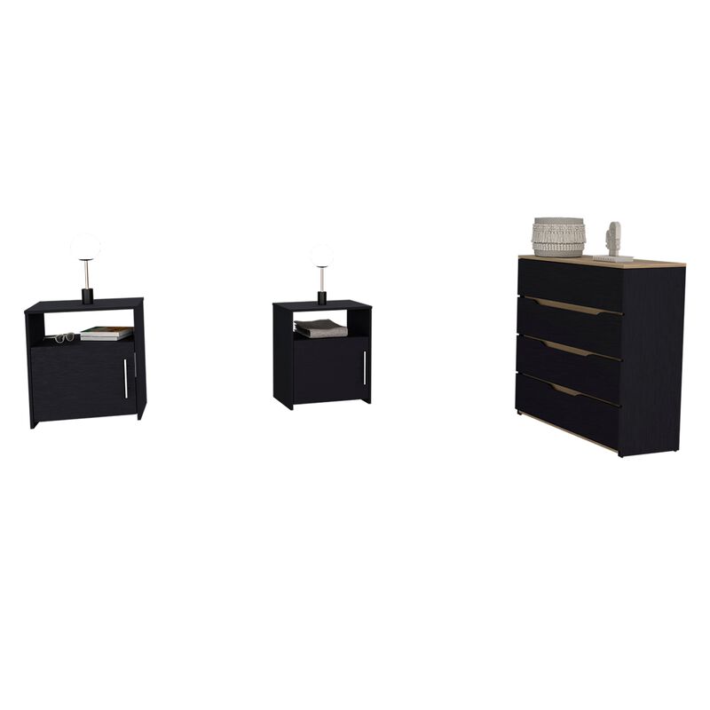DEPOT E-SHOP Myra 3 Piece Bedroom Set, Aralia Drawer Dresser, 2 Omaha Nightstands, Black / Light Oak