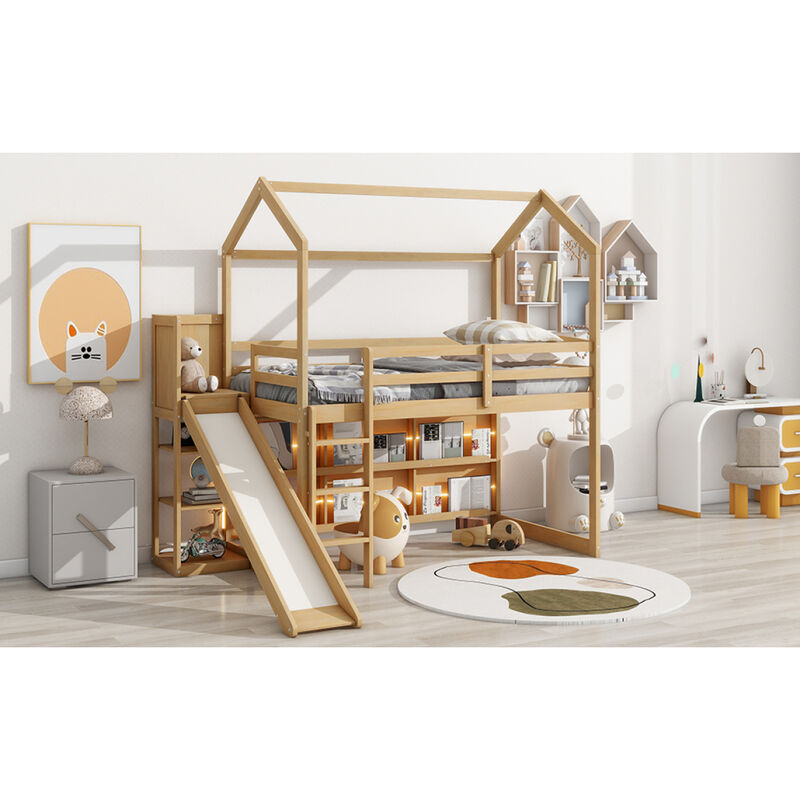 Twin Size Wood House Loft Bed With Slide, Storage Shelves And Light, Climbing Ramp
