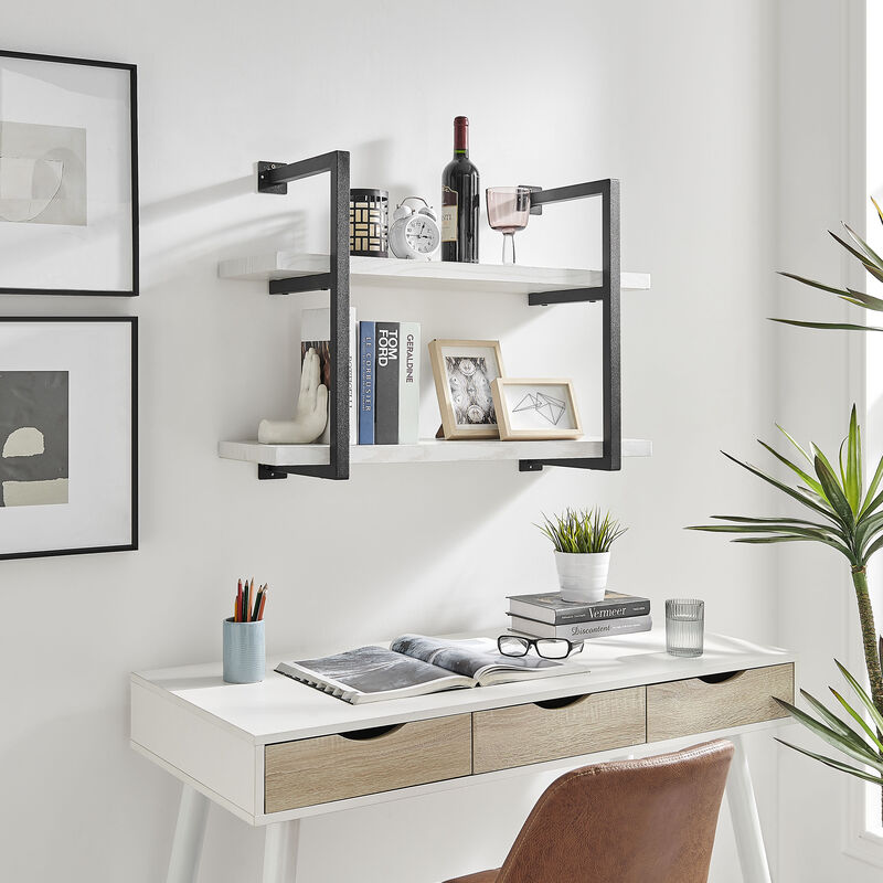 Modern 2-Tier Hanging Bracket Wall Shelves in Black Metal and White Birch Finish