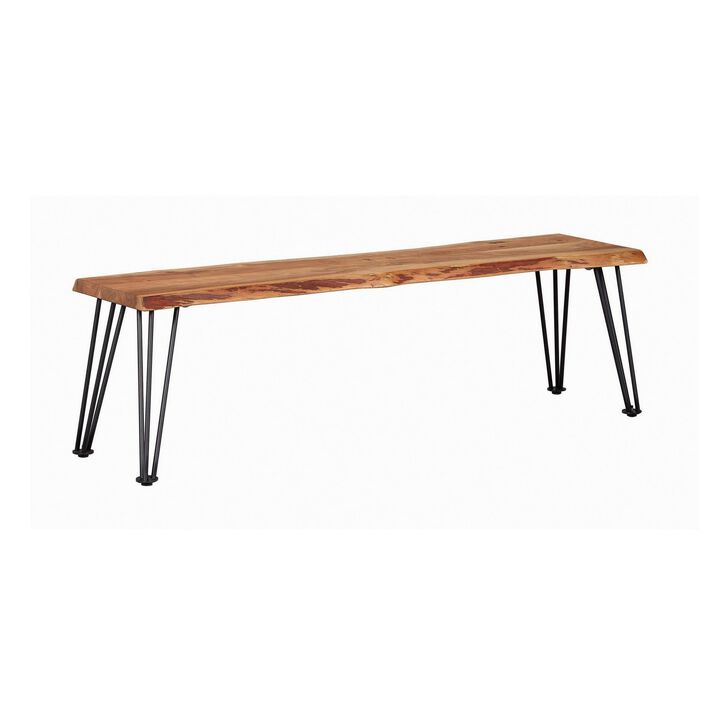 Wooden Dining Bench with Live Edge Details and Metal Legs, Brown-Benzara