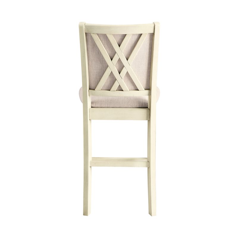 Han Counter Chair Set of 2, Beige Fabric, Ivory Solid Rubberwood - Benzara