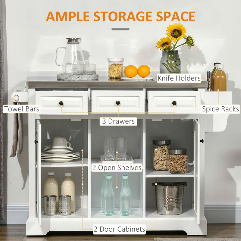 White Wheeled Prep Station: Mobile Kitchen Island with Steel Top & Spice Rack