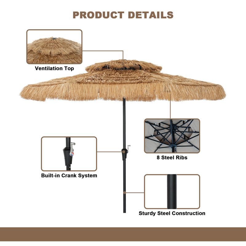 Mondawe 10 ft Hawaiian Style Crank Design 2 Tier Thatched Tiki Straw Patio Umbrella Shade