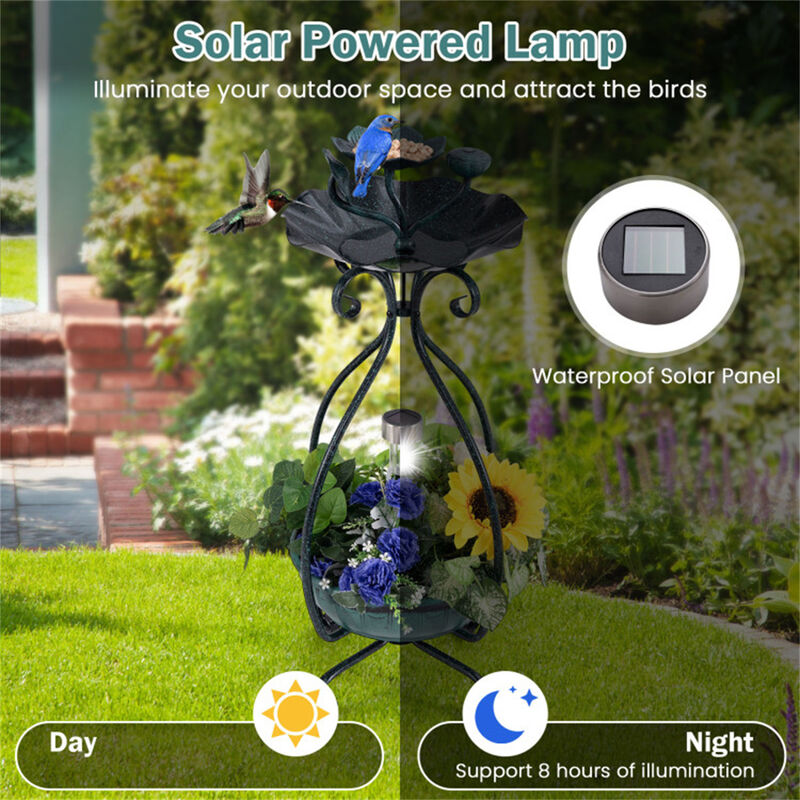 Outdoor Solar Bird Bath & Feeder with Flower Planter and LED Lights