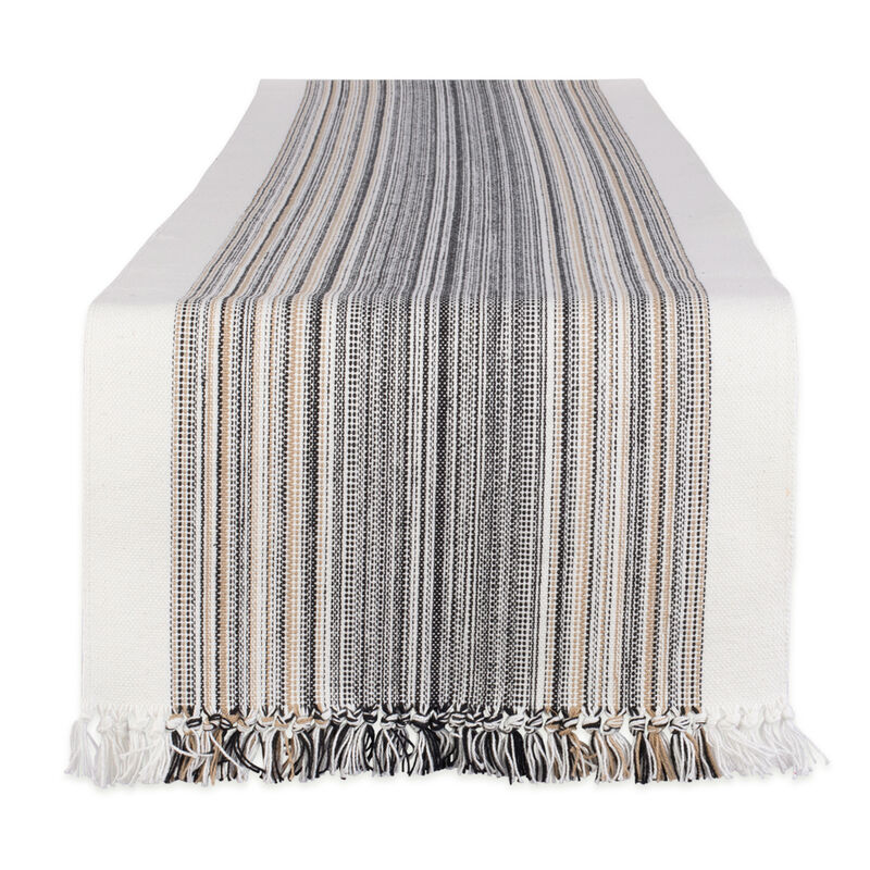 108" Table Runner with Fringed Black Stripes Design