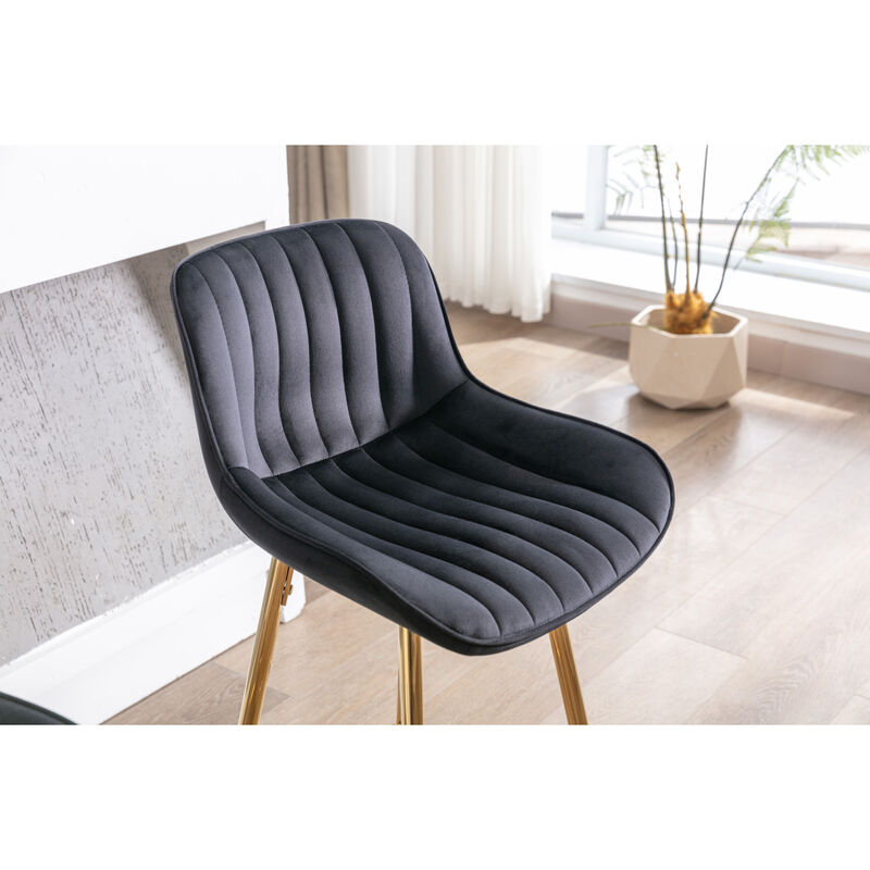 30 inch Set of 2 Bar Stools, with Chrome Footrest Velvet Fabric Counter Stool Golden Leg Simple High Bar Stool, black