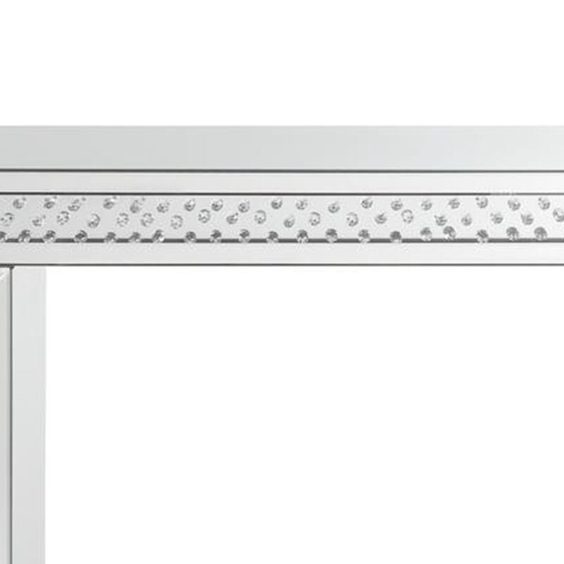 Mirror Accented Wood And Glass Vanity Desk With Faux Crystal Inlay, Silver-Benzara