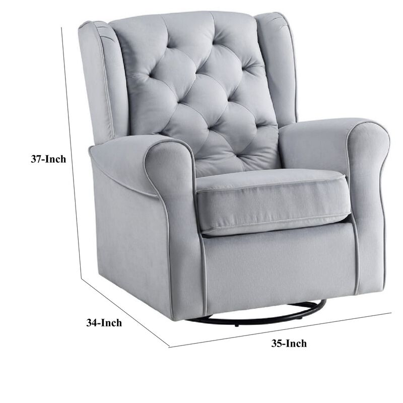 35 Inch Accent Swivel Chair, Glider, Tufted Back, Gray - Benzara