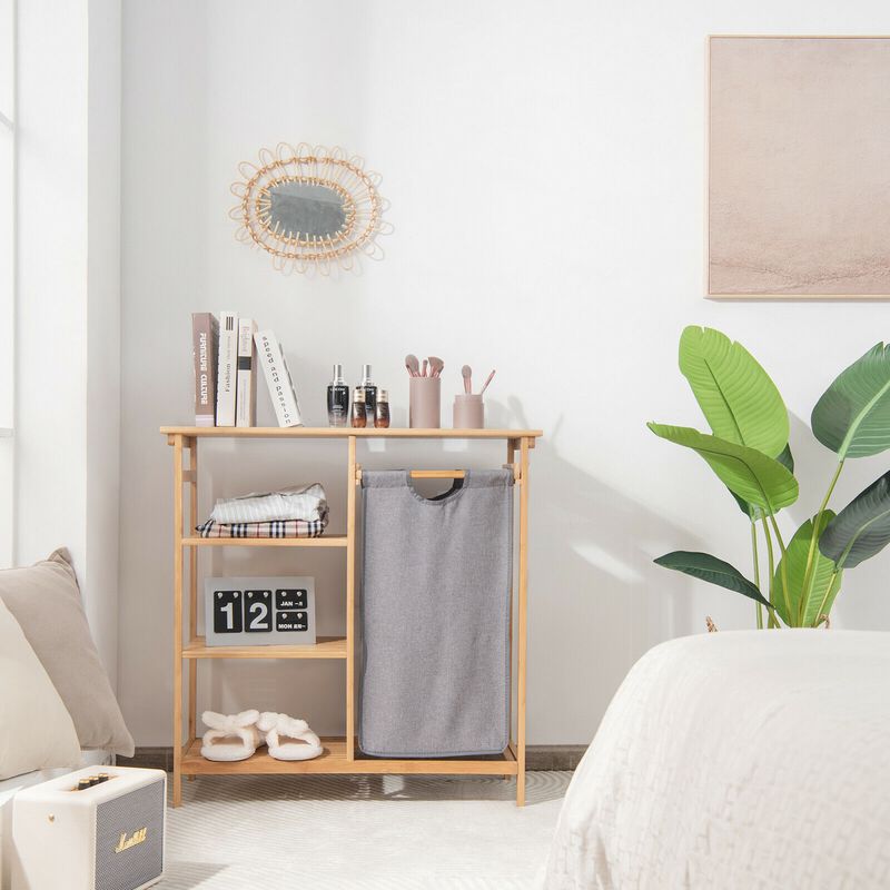 Wicker Laundry Hamper Stand with Removable Sliding Bag and 3-Tier Open Shelves