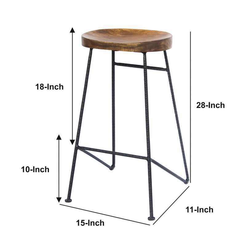 28 Inch Bar Stool with Mango Wood Saddle Seat, Iron Rod Legs, Brown and Black-Benzara