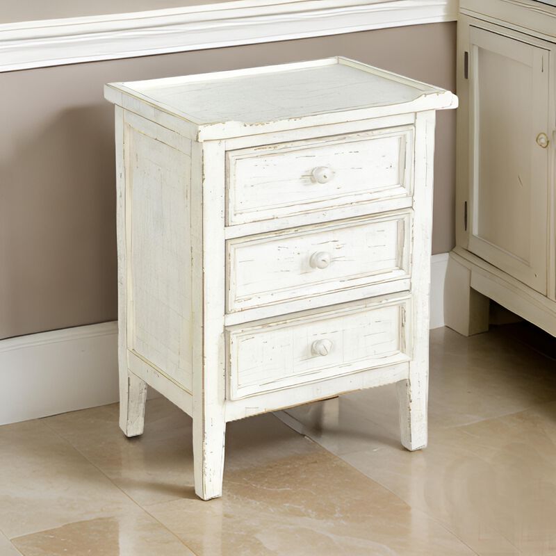Rena Side End Table with 3 Drawers, 19 Inch Rustic White Mahogany Wood - Benzara