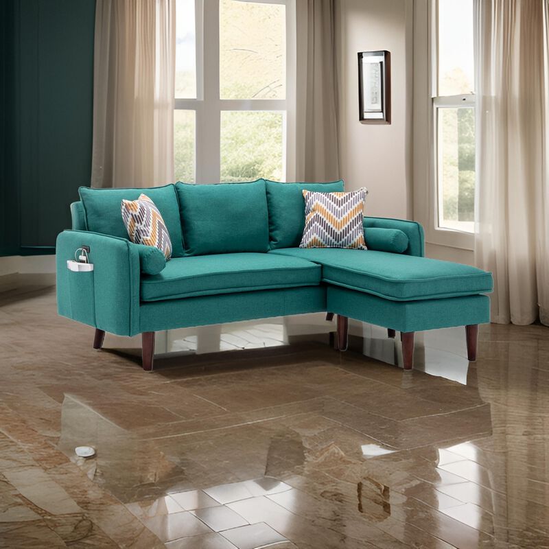 Ranon 70 Inch Sectional Chaise Sofa, Pillows, USB Ports, Side Pockets, Teal - Benzara