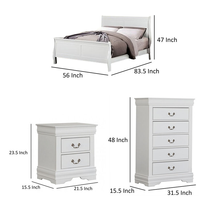 Ry Three Piece Full Size Bedroom Set, Sleek Modern Transitional Style, White - Benzara