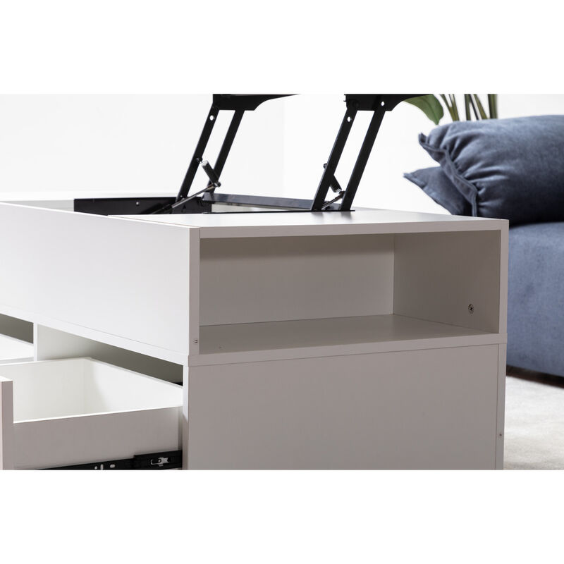 Luna White Coffee Table With Brown Walnut Finish Lift Top, 2 Drawers, And 2 Shelves