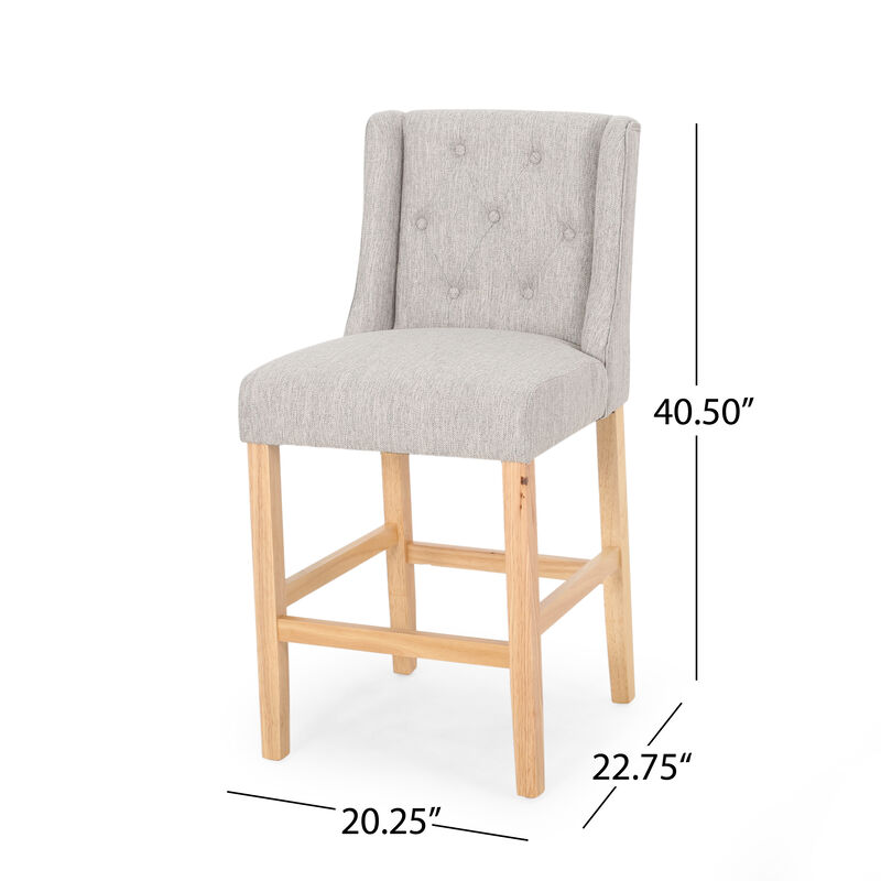 Seliva Counter Stool Chair Set of 2, Light Gray Fabric, Tufted, Brown Wood - Benzara