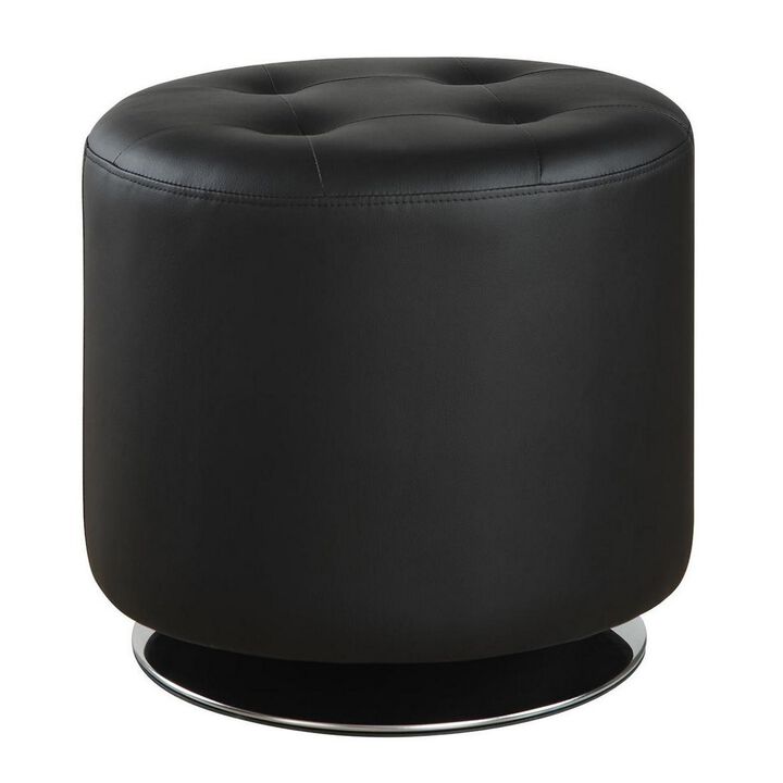 Round Leatherette Swivel Ottoman with Tufted Seat, Black-Benzara
