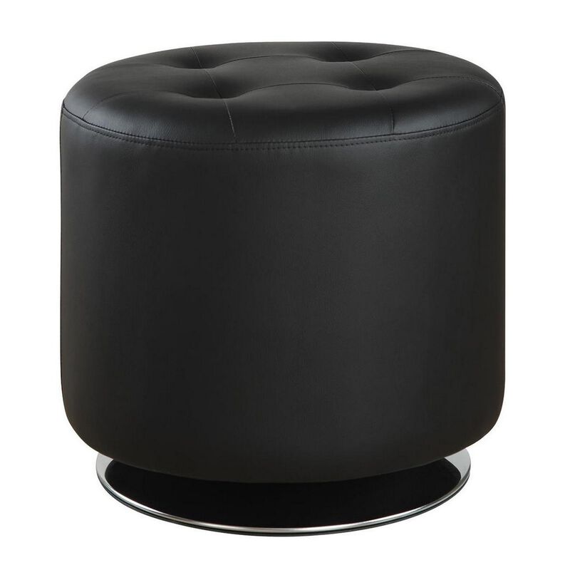 Round Leatherette Swivel Ottoman with Tufted Seat, Black-Benzara