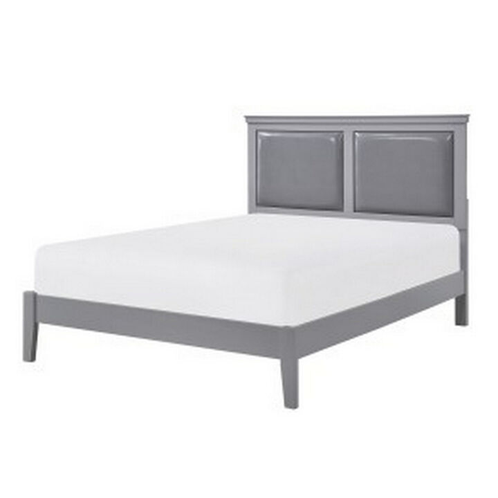 Brite Queen Size Bed, Gray Faux Leather Upholstered Headboard, Low Profile - Benzara