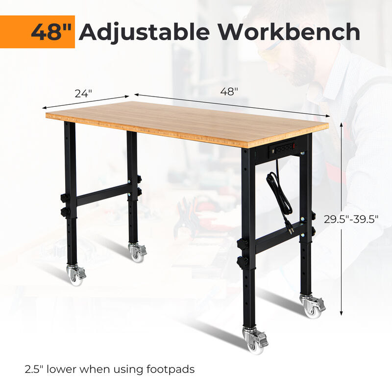 48 Inch Height Adjustable Workbench with Power Outlets and Wheels