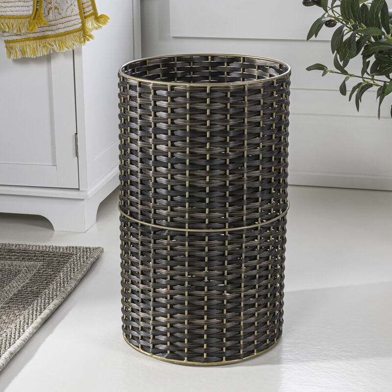 Cecil Modern Faux Wicker Cylinder Waste Basket