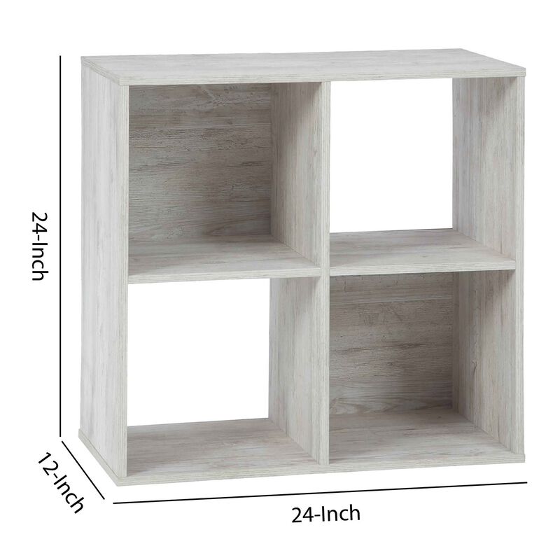 4 Cube Wooden Organizer with Grain Details, Washed White-Benzara