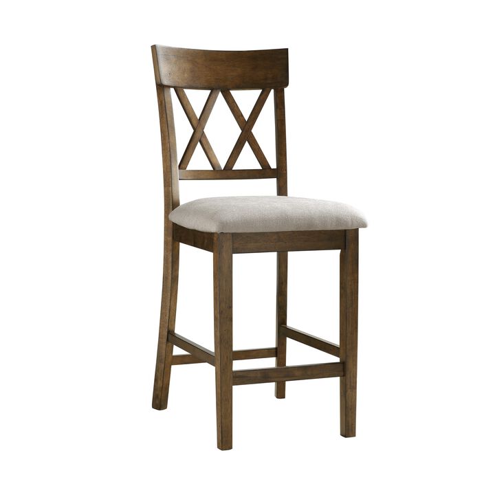 Carl 26 Inch Counter Height Chair, Polyester Seat, X Back, Brown, Set of 2 - Benzara