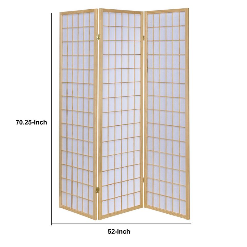 3 Panel Foldable Wooden Frame Room Divider with Grid Design, Brown-Benzara