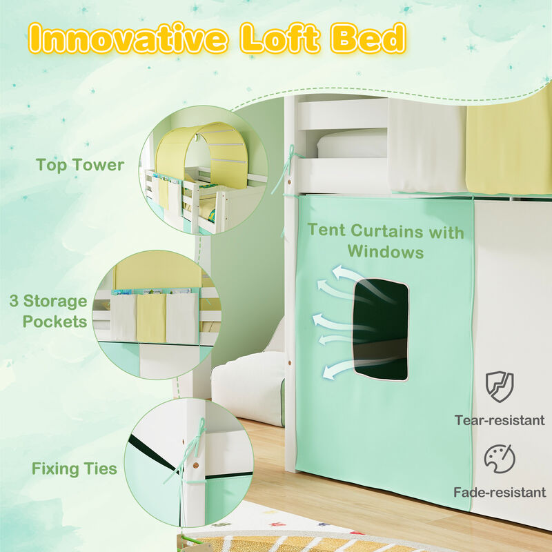 Loft Bed Playhouse Bed Frame with Tower Tent and 3 Storage Pockets
