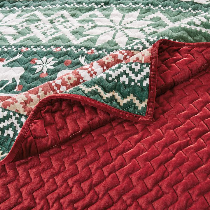 Reindeer 3pc King Size Quilt Set, Dutch Velvet Back, Red, Green Christmas