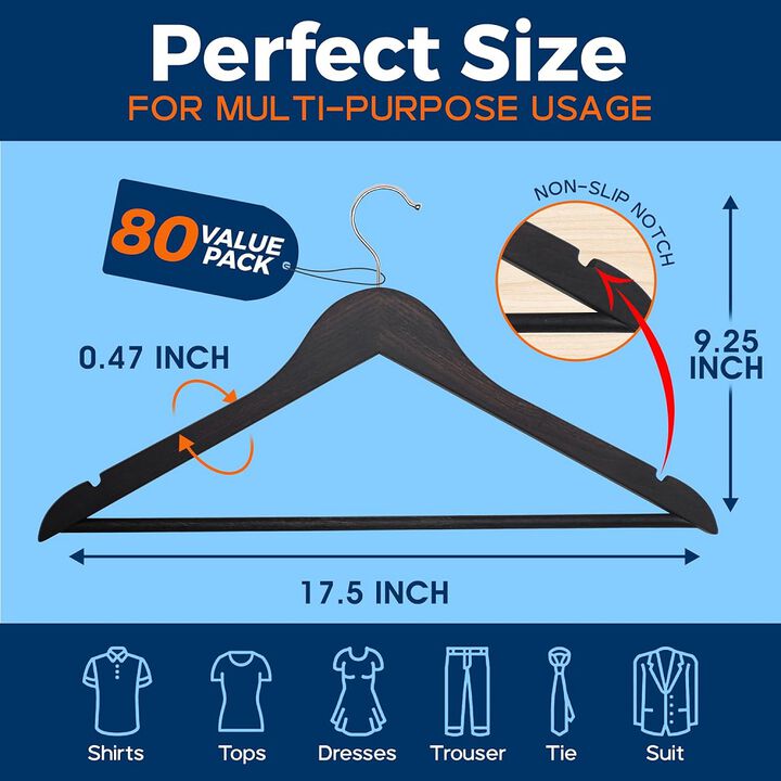 Wooden Clothes Hangers – Durable Space Saving Hanger, Non-Slip, Versatile for Organizing Dress, Coat, and Clothes, Can Hold Up To 10 lbs, With 360 Degree Swivel Hook, Vintage Color, Pack of 80