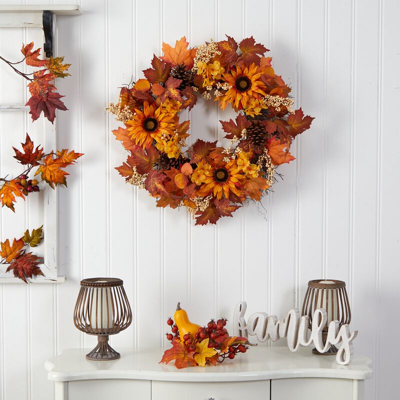 Hivvago 28" Autumn Maple Leaves, Sunflower, White Berries and Pinecones Artificial Fall Wreath