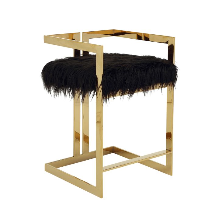 Suki 26 Inch Barstool Chair, Black Faux Fur Seat, Stainless Steel, Gold - Benzara
