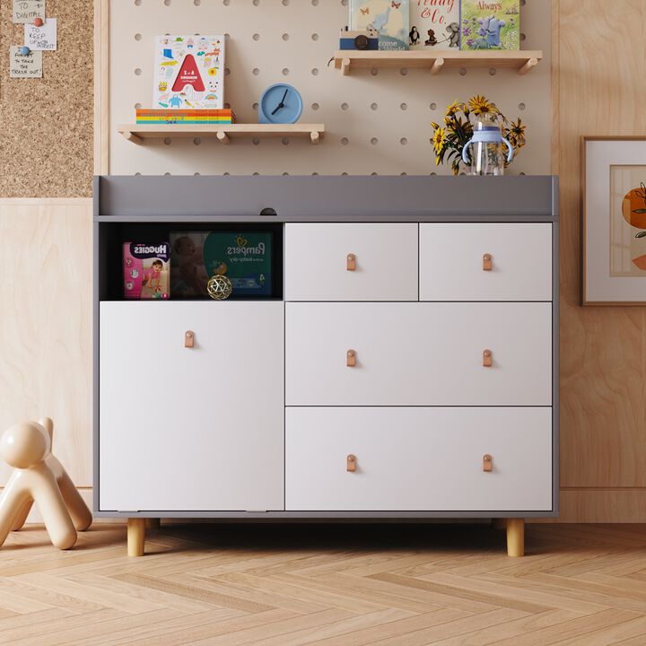 FUFU&GAGA 4-Drawer Baby Changing Table with Storage Cabinet （32.3" W x 18" D x 37" H ), Natural Wood & White