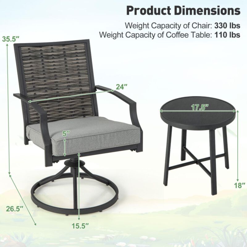 Hivvago 3 Piece Patio Swivel Chair Set with Soft Seat Cushions for Backyard