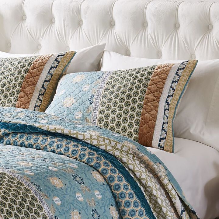 Ello 36 Inch Quilted King Size Pillow Sham, Bohemian Print Blue and White