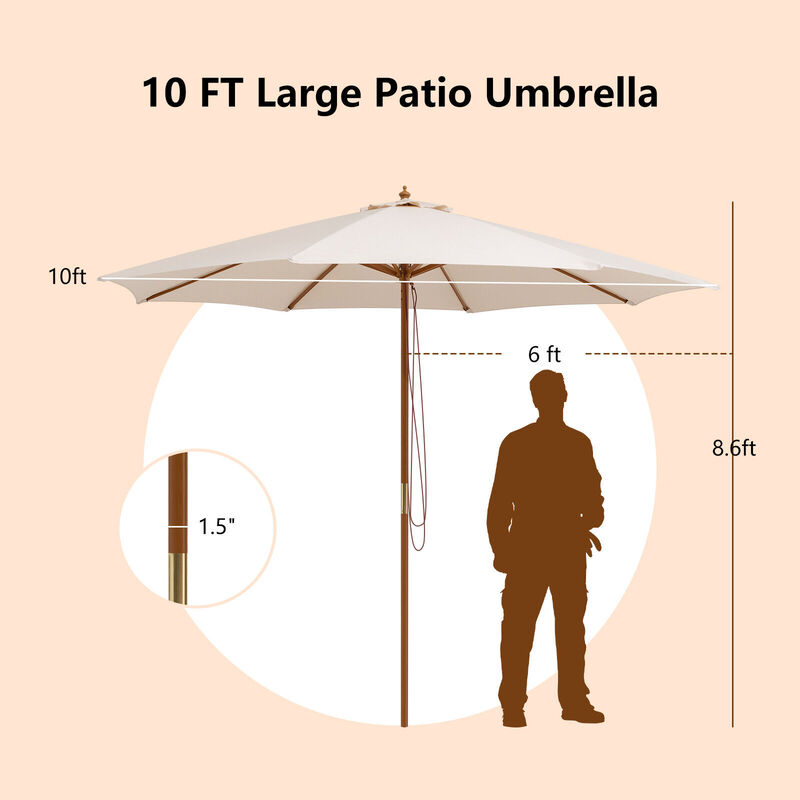 10 Feet Patio Umbrella with 8 Wooden Ribs and 3 Adjustable Heights-Beige