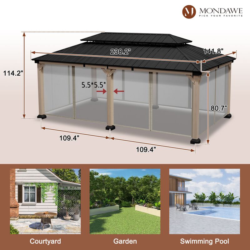 Mondawe Beverly Hills 12 ft. x 20 ft. Outdoor Fir Solid Wood Frame Patio Gazebo Canopy Shelter Galvanized Steel Hardtop Netting