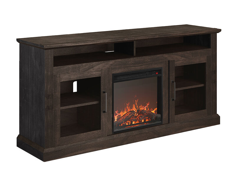 BELLEZE Modern 60" Traditional TV Stand with 18" Electric Fireplace Heater & Media Entertainment Center Console Table for TV up to 65" with Open Storage Shelves & Cabinets - Cayman