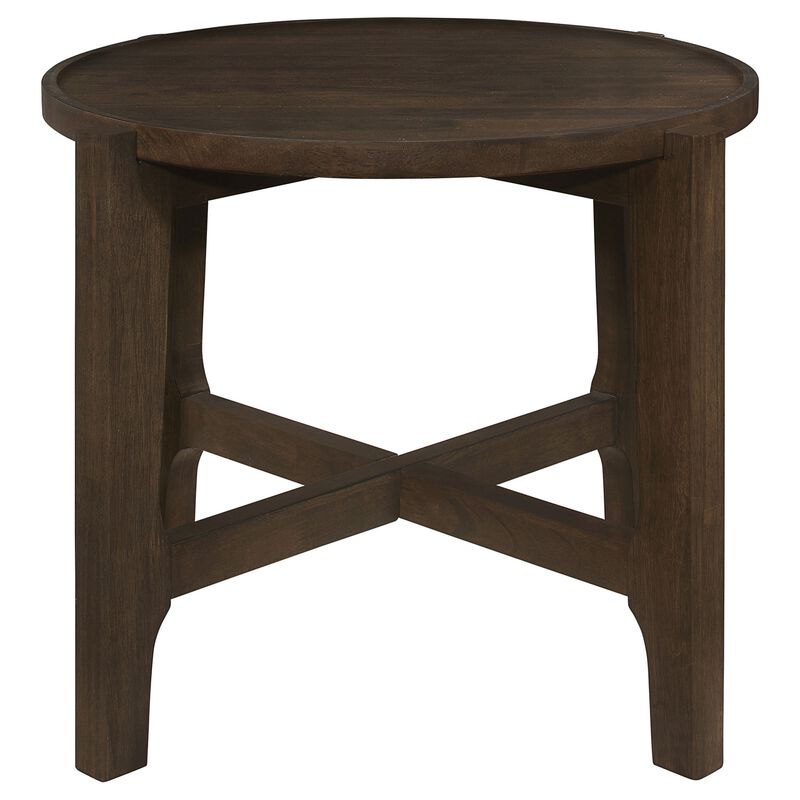 Katie End Table, Round 26 Inch Top, Dark Brown Solid Wood, Cross Beam Legs - Benzara