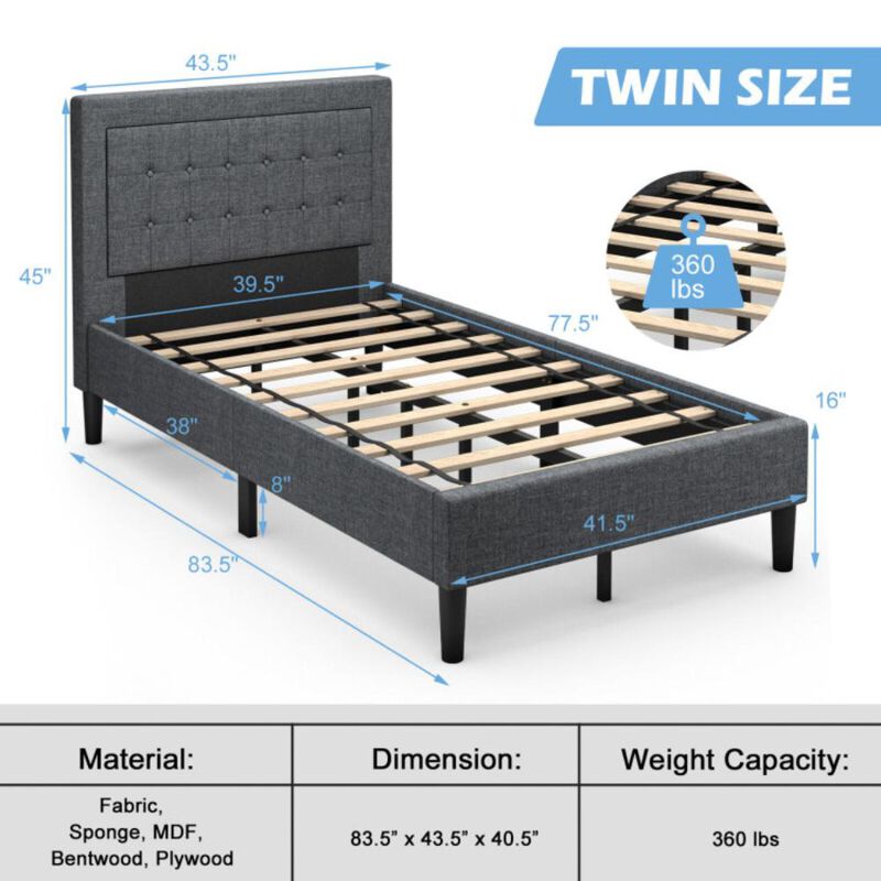 Hivvago Twin Size Upholstered Bed Frame with Button Tufted Headboard