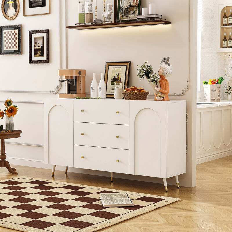 FUFU&GAGA Modern White Sideboard with Two Doors and Three Drawers, Gold Tapered Handles, and Storage Shelf (63" W x 15.7" D x 35.4" H), White