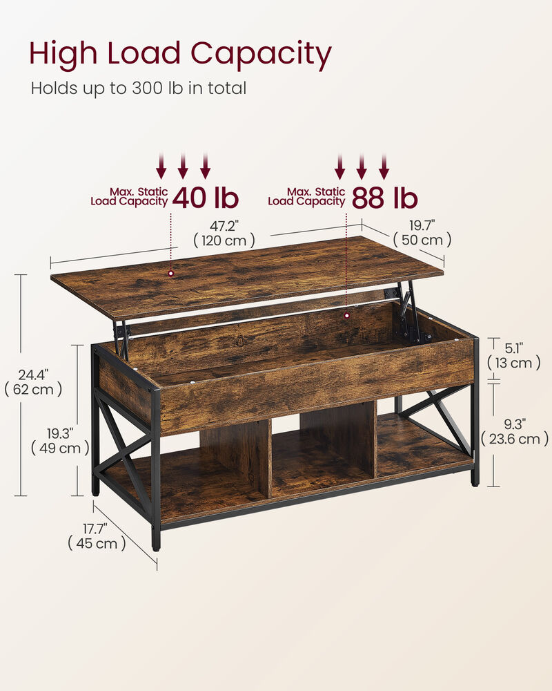 Modern Lift Top Coffee Table - Hidden & Open Compartments with X-Shaped Steel Frame
