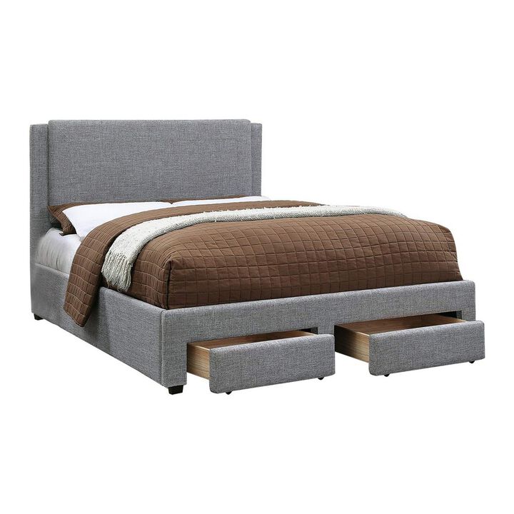 Bovi California King Bed, 2 Storage Drawers, Fully Upholstered Stone Gray - Benzara