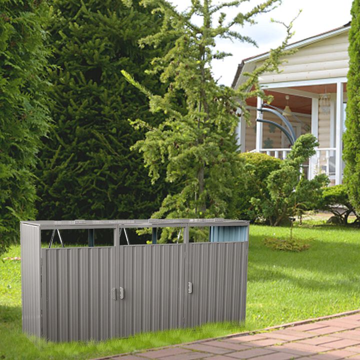 MONDAWE Garbage Bin Shed Stores 3 Trash Cans Metal Outdoor Bin Shed for Garbage Storage,Stainless Galvanized Steel, Bin Shed for Garden Yard Lawn