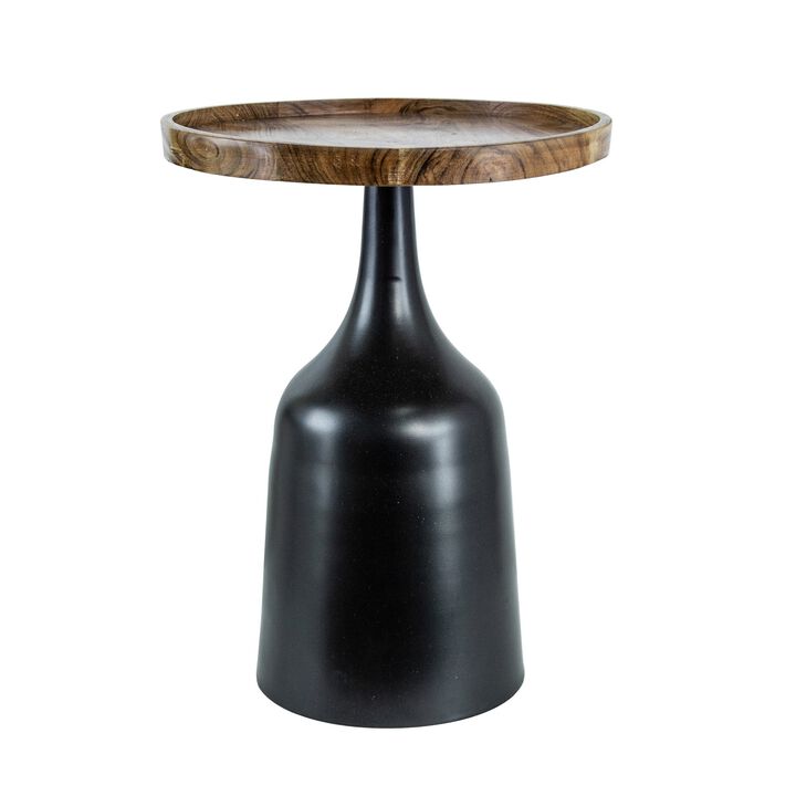 20, 17 Inch Side Table, Acacia Wood, Flared Pedestal Base, Aluminum, Black - Benzara