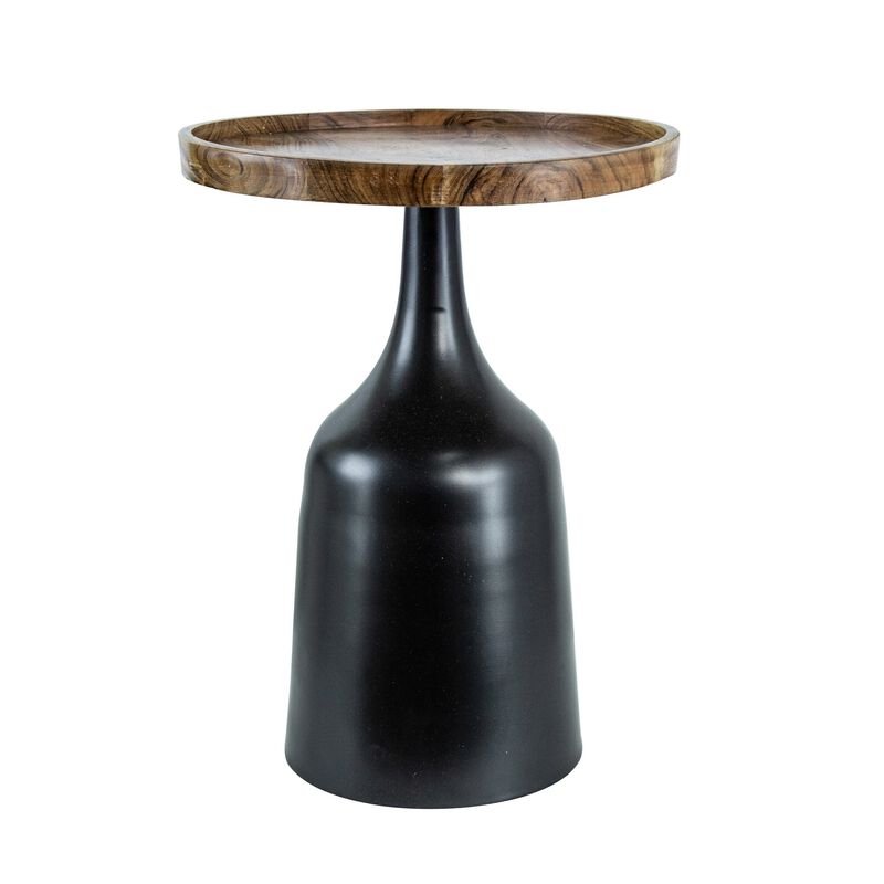 20, 17 Inch Side Table, Acacia Wood, Flared Pedestal Base, Aluminum, Black - Benzara