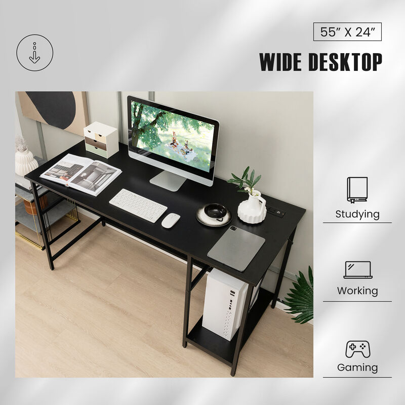 Costway 55'' Computer Desk w/ Charging Station Home Office PC Desk w/ 4 Power Outlets Black