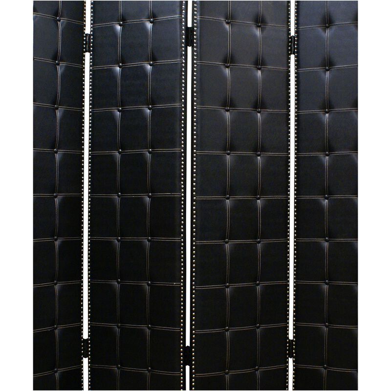 Wooden 4 Panel Screen with Button Tufting and Nailhead Trims, Black-Benzara